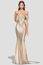 Glitzerndes Mermaid Champagner Schulterfreies Plissiertes Abendkleid mit Pailletten
